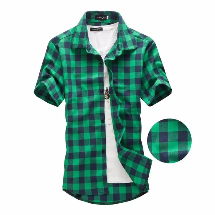 Checkered Short Sleeve Men's Shirt: red, black short-sleeve button-up shirt layered over a T-shirt, casual style