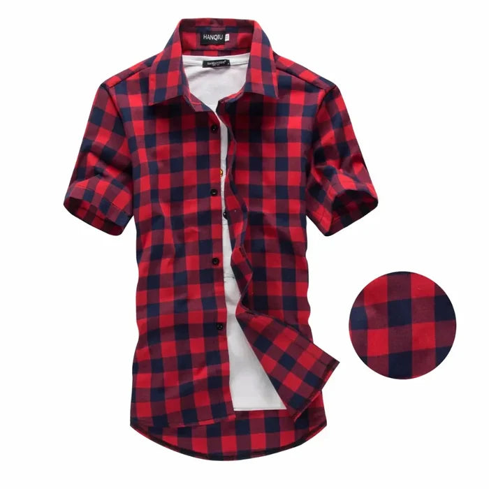 Checkered Short Sleeve Men's Shirt: red, black short-sleeve button-up shirt layered over a T-shirt, casual style