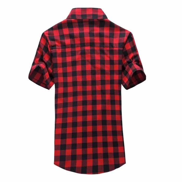 Checkered Short Sleeve Men's Shirt: red, black short-sleeve button-up shirt layered over a T-shirt, casual style