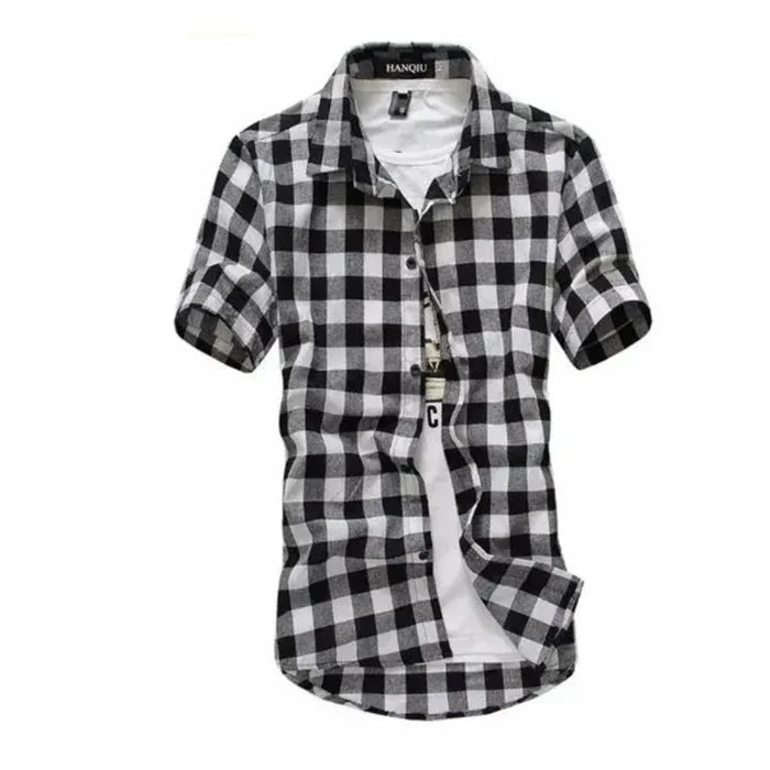 Checkered Short Sleeve Men's Shirt: red, black short-sleeve button-up shirt layered over a T-shirt, casual style