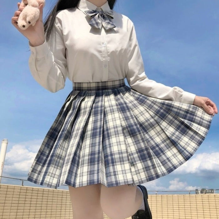 Checkered Skirt with Anime Girl Theme: white, navy blue outfit, school-uniform-inspired, preppy style
