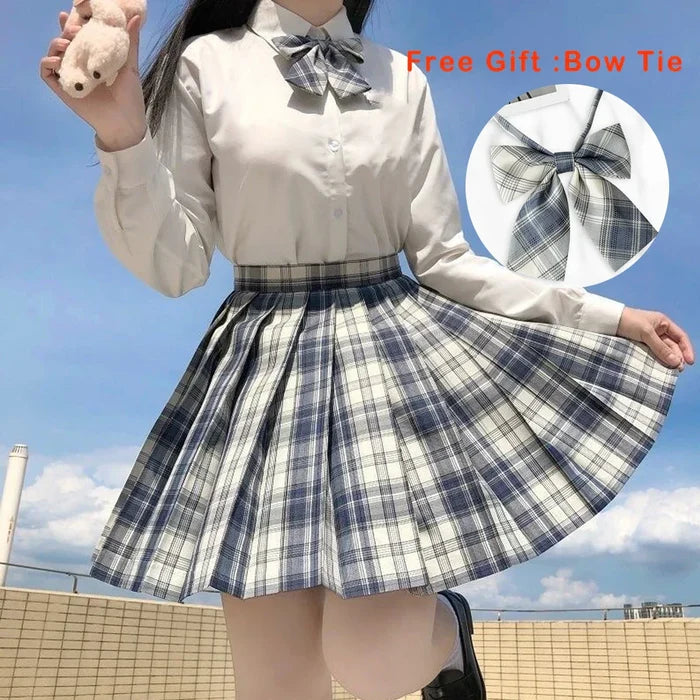 Checkered Skirt with Anime Girl Theme: white, navy blue outfit, school-uniform-inspired, preppy style