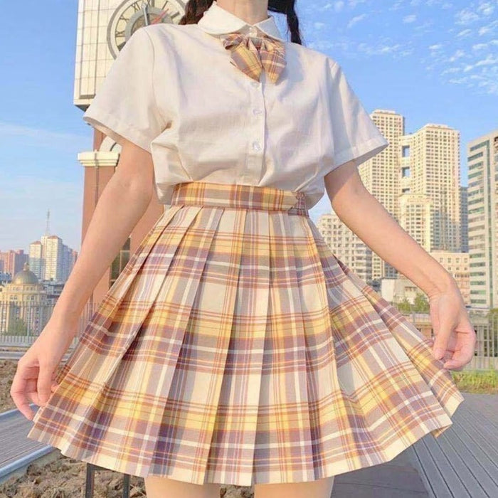 Checkered Skirt with Anime Girl Theme: white, navy blue outfit, school-uniform-inspired, preppy style