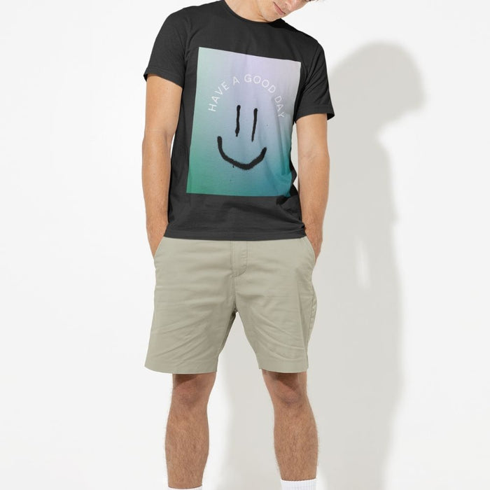 Cheerful Logo Tee for Men to Start the Day Right: black, teal smiley face, casual graphic style