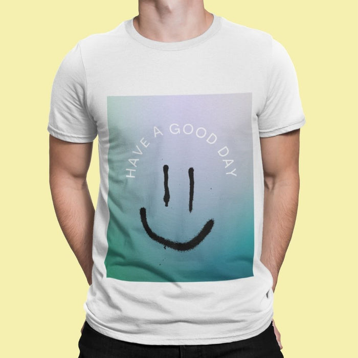 Cheerful Logo Tee for Men to Start the Day Right: black, teal smiley face, casual graphic style