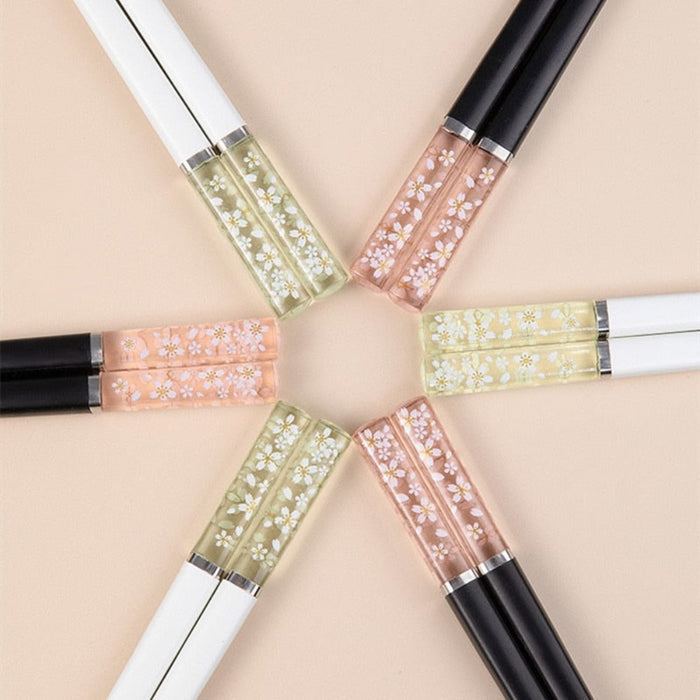 Cherry Blossom Chopstick Set, Japanese Inspired Gift Pack (4 pairs): clear, pink cosmetic tubes, minimal floral style