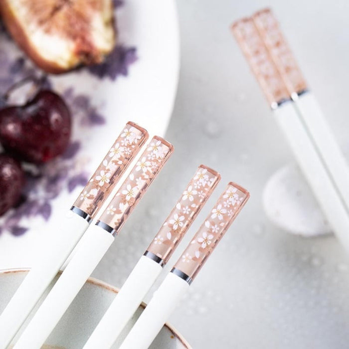 Cherry Blossom Chopstick Set, Japanese Inspired Gift Pack (4 pairs): clear, pink cosmetic tubes, minimal floral style