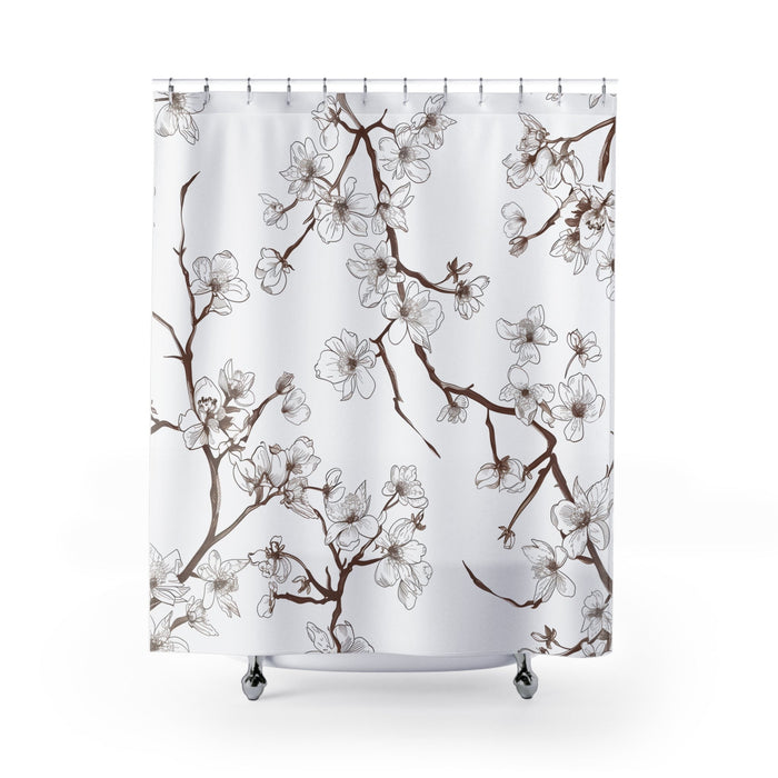 Cherry Blossom Shower Curtain: Embrace the Beauty of Nature in Your Bathroom: white, brown floral tree branches, minimal bota