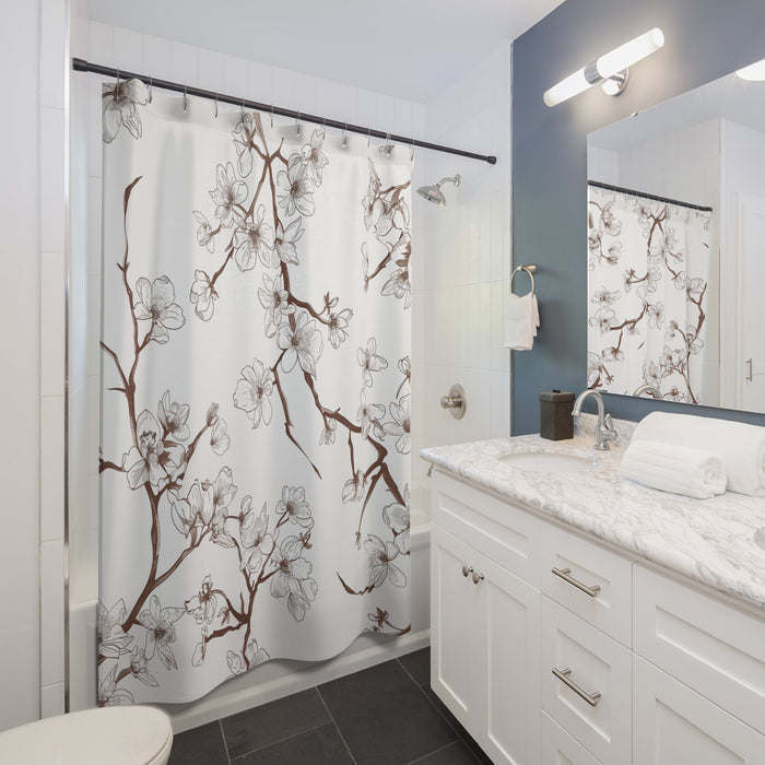 Cherry Blossom Shower Curtain: Embrace the Beauty of Nature in Your Bathroom: white, brown floral tree branches, minimal bota