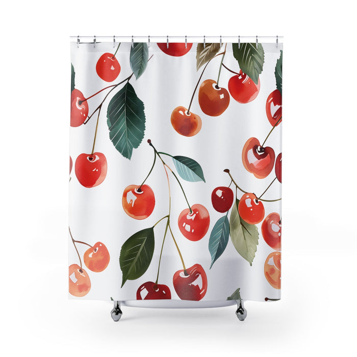Cherry Pattern Retro Shower Curtain: white, red cherries, botanical illustration style