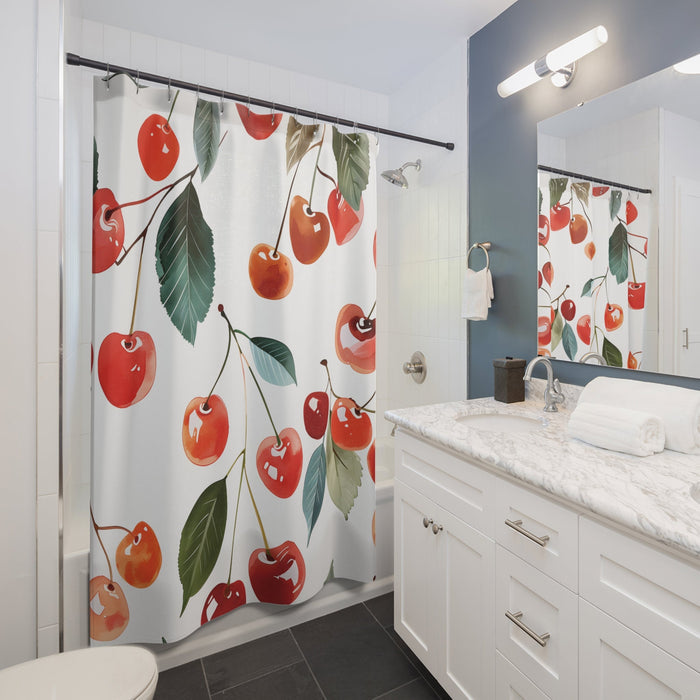 Cherry Pattern Retro Shower Curtain: white, red cherries, botanical illustration style