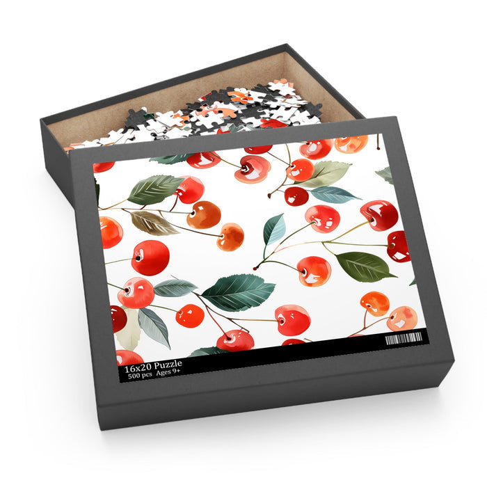 Cherry Retro Print 500-Piece Jigsaw Puzzle: white, red cherries and leaves botanical pattern, illustrated botanical pattern s