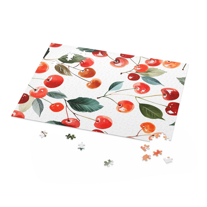 Cherry Retro Print 500-Piece Jigsaw Puzzle: white, red cherries and leaves botanical pattern, illustrated botanical pattern s