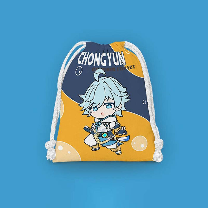 Chibi Genshin Drawstring Bags Set: mustard yellow, dark navy blue Chongyun character, kawaii cartoon anime style