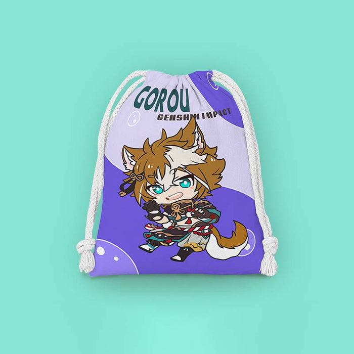 Chibi Genshin Drawstring Bags Set: mustard yellow, dark navy blue Chongyun character, kawaii cartoon anime style