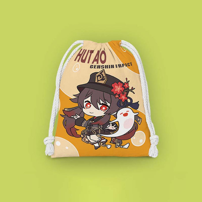 Chibi Genshin Drawstring Bags Set: mustard yellow, dark navy blue Chongyun character, kawaii cartoon anime style