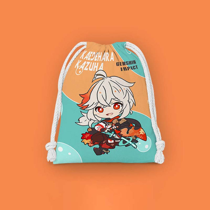 Chibi Genshin Drawstring Bags Set: mustard yellow, dark navy blue Chongyun character, kawaii cartoon anime style