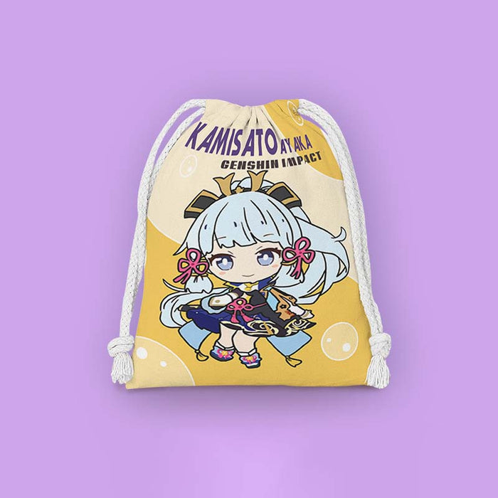 Chibi Genshin Drawstring Bags Set: mustard yellow, dark navy blue Chongyun character, kawaii cartoon anime style