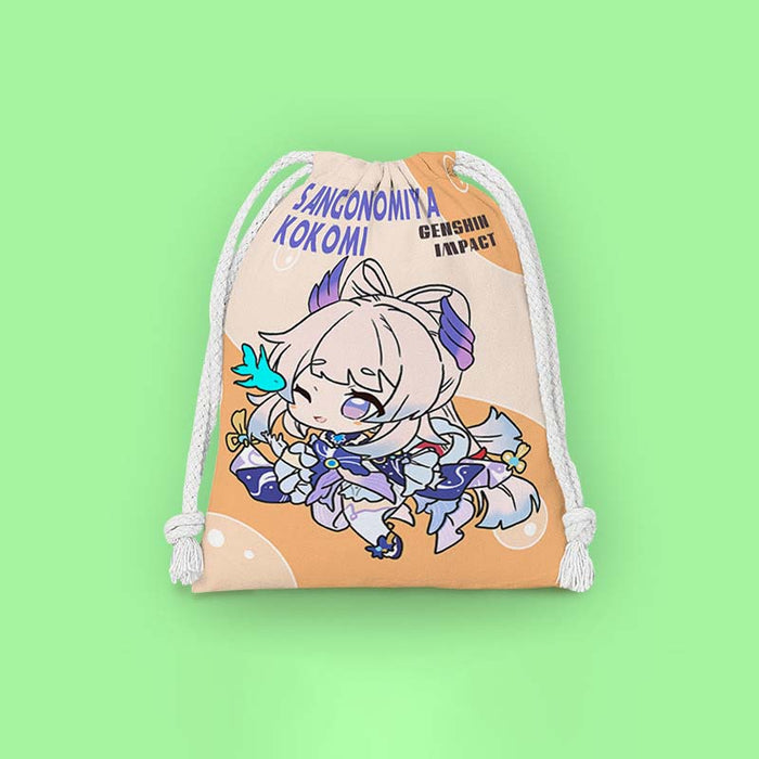 Chibi Genshin Drawstring Bags Set: mustard yellow, dark navy blue Chongyun character, kawaii cartoon anime style