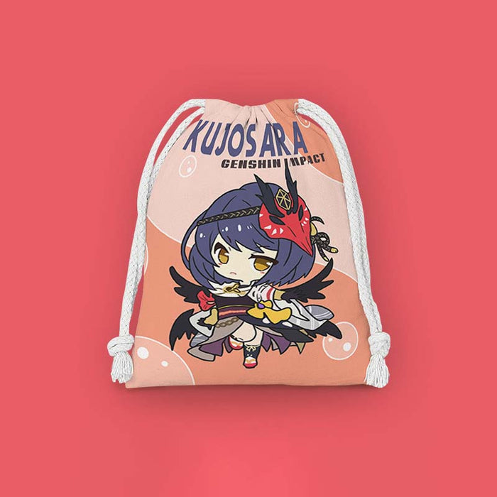 Chibi Genshin Drawstring Bags Set: mustard yellow, dark navy blue Chongyun character, kawaii cartoon anime style