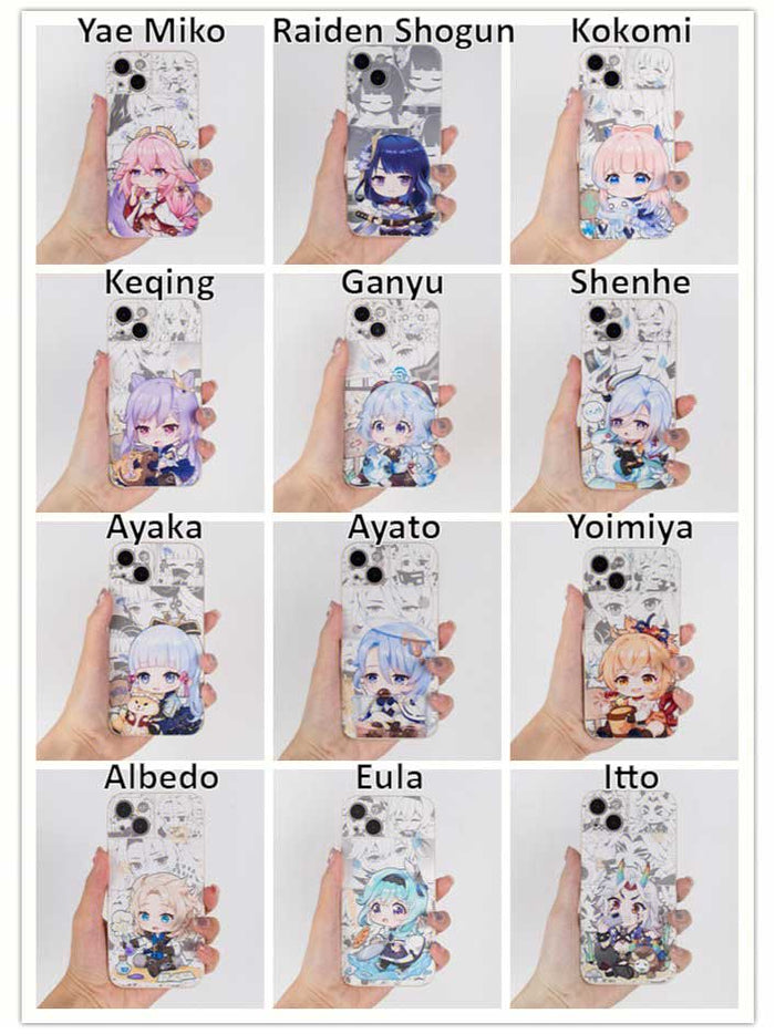 Chibi Genshin Impact iPhone Cases: white, gray anime-style character collection, kawaii anime/cartoon style
