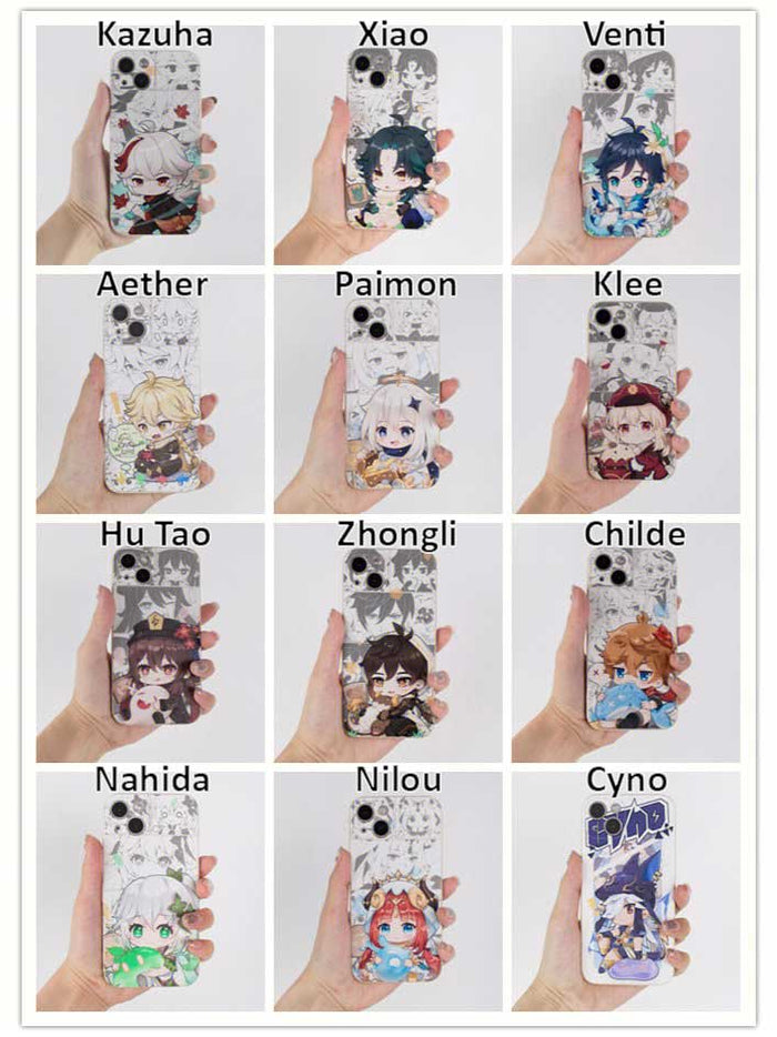 Chibi Genshin Impact iPhone Cases: white, gray anime-style character collection, kawaii anime/cartoon style