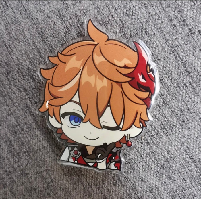 Chibi Genshin Impact Phone Holders: orange, red anime-style orange-haired character with a red oni mask, kawaii anime chibi s