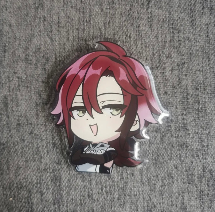 Chibi Genshin Impact Phone Holders: orange, red anime-style orange-haired character with a red oni mask, kawaii anime chibi s