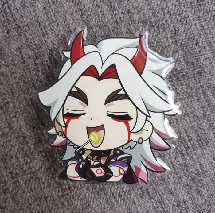 Chibi Genshin Impact Phone Holders: orange, red anime-style orange-haired character with a red oni mask, kawaii anime chibi s