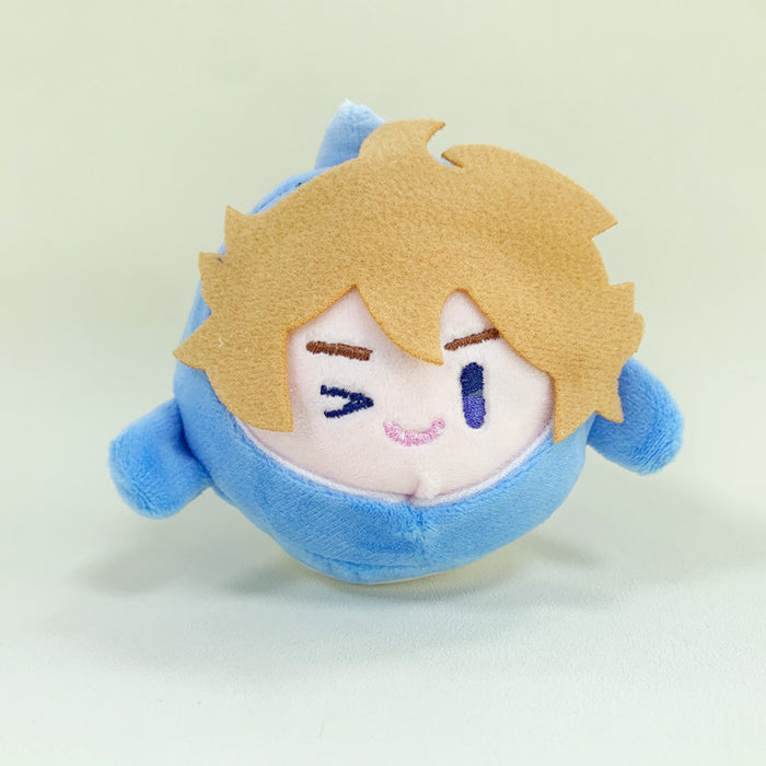 Chibi Genshin Impact Plush Keychain: blue, blond/yellow cartoon blond-haired character, kawaii cartoon style