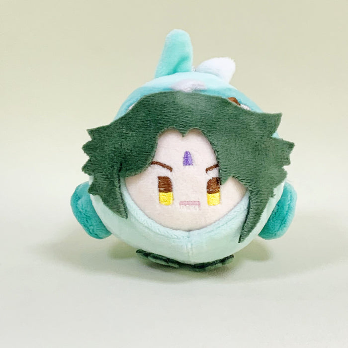 Chibi Genshin Impact Plush Keychain: blue, blond/yellow cartoon blond-haired character, kawaii cartoon style