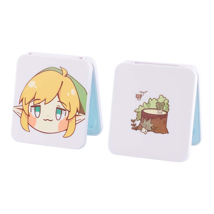 Chibi Link Game Card Case: pale pink, light blue cartoon elf-like character and small green creature, kawaii cartoon style