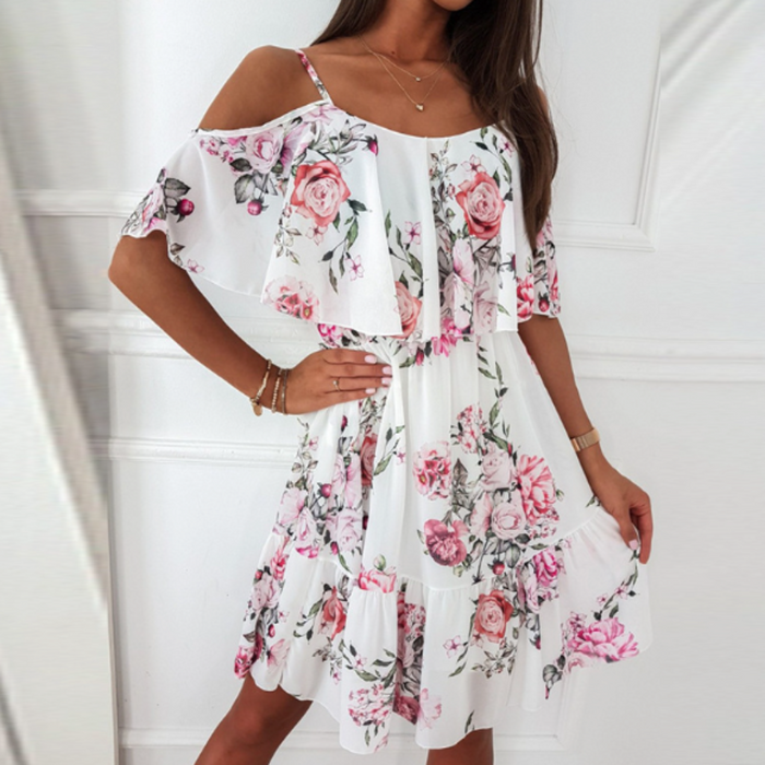 Chiffon Beach Dress with Ruffled Cold Shoulder for Women: dusty pink, pink off-shoulder floral dress, feminine romantic flora