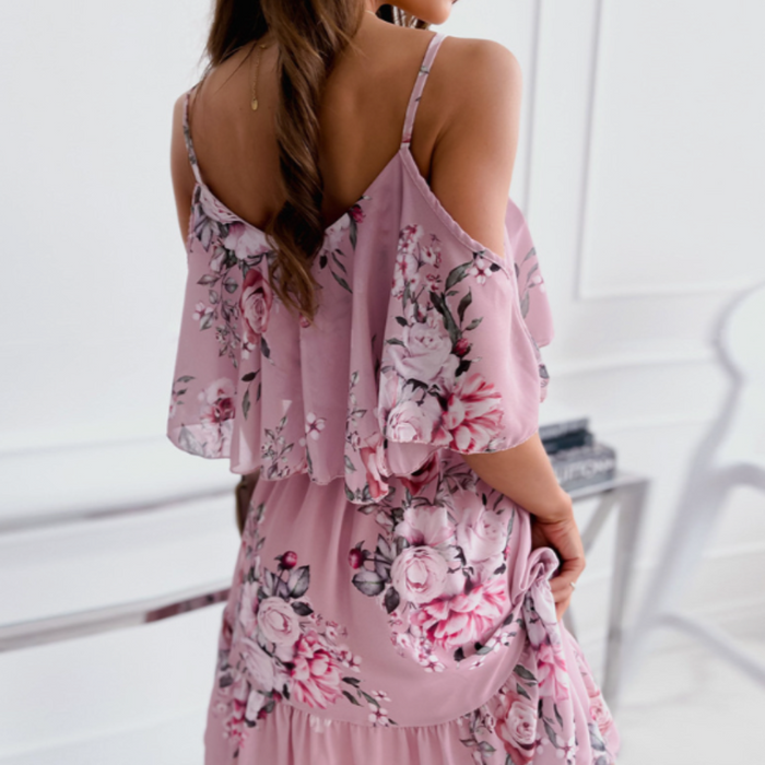 Chiffon Beach Dress with Ruffled Cold Shoulder for Women: dusty pink, pink off-shoulder floral dress, feminine romantic flora