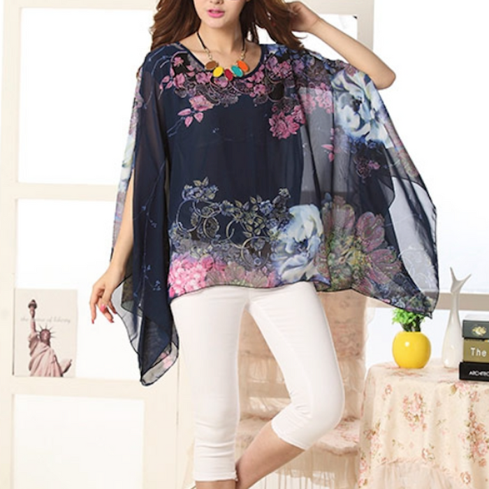 Chiffon Peony Oversized Blouse for Women: dark navy blue, pink women's loose poncho-style blouse/top, floral, airy, bohemian