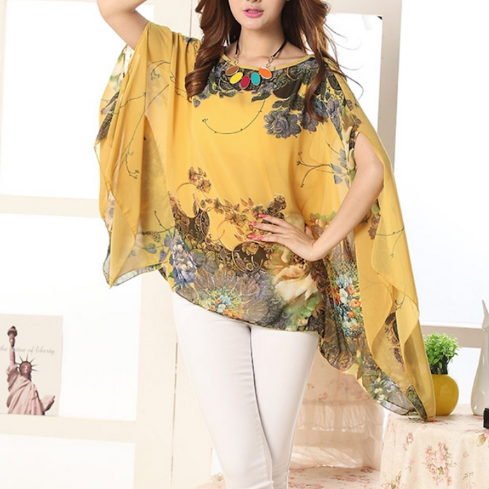 Chiffon Peony Oversized Blouse for Women: dark navy blue, pink women's loose poncho-style blouse/top, floral, airy, bohemian