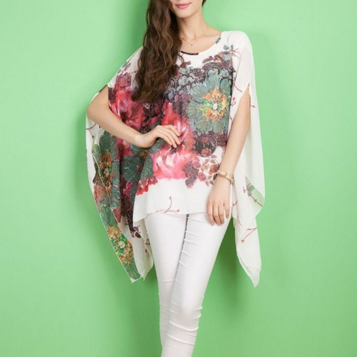 Chiffon Peony Oversized Blouse for Women: dark navy blue, pink women's loose poncho-style blouse/top, floral, airy, bohemian