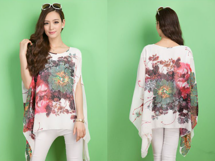 Chiffon Peony Oversized Blouse for Women: dark navy blue, pink women's loose poncho-style blouse/top, floral, airy, bohemian