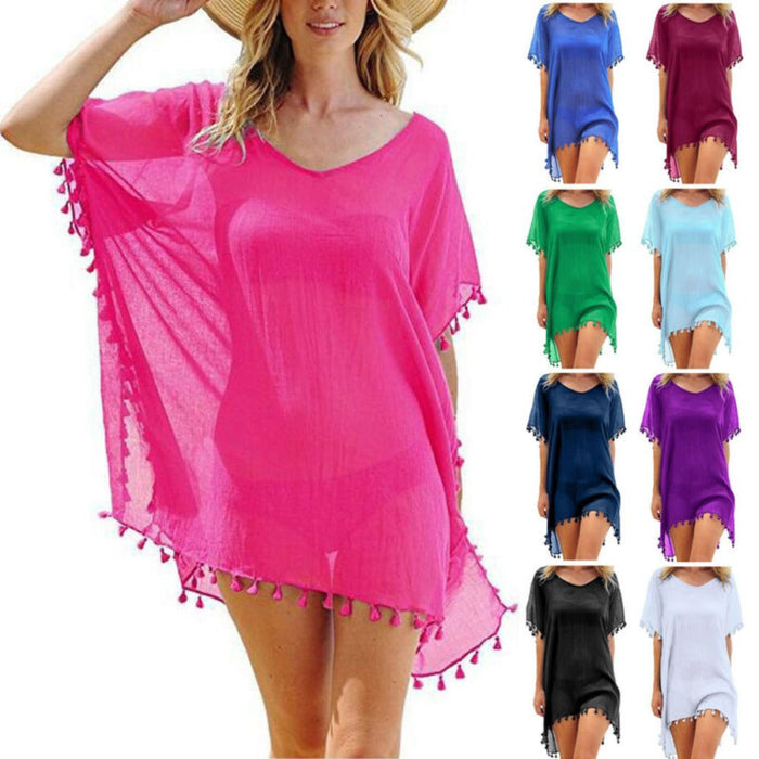 Chiffon Swimsuit Cover Up with Tassels, Perfect for the Summer Beach: bright pink, blue women's loose cover-up tunic/poncho