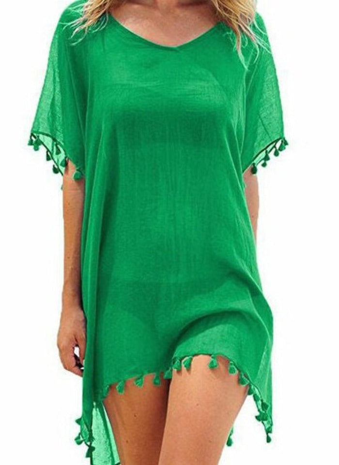 Chiffon Swimsuit Cover Up with Tassels, Perfect for the Summer Beach: bright pink, blue women's loose cover-up tunic/poncho