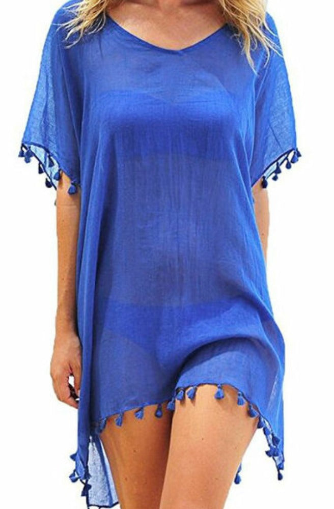 Chiffon Swimsuit Cover Up with Tassels, Perfect for the Summer Beach: bright pink, blue women's loose cover-up tunic/poncho