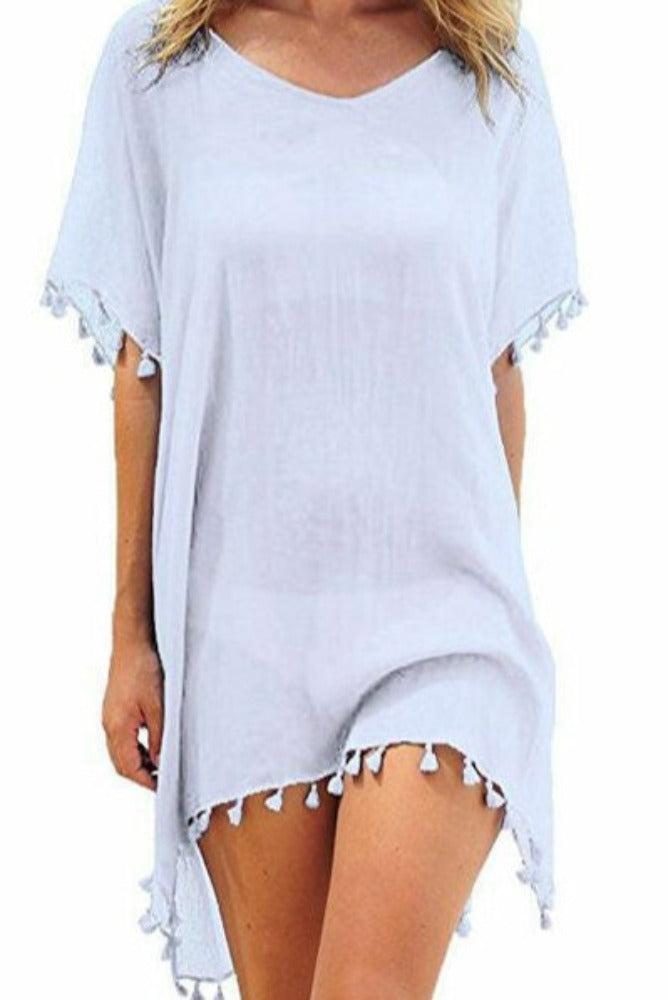 Chiffon Swimsuit Cover Up with Tassels, Perfect for the Summer Beach: bright pink, blue women's loose cover-up tunic/poncho