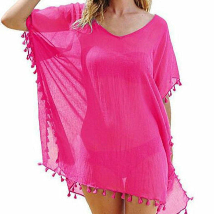 Chiffon Swimsuit Cover Up with Tassels, Perfect for the Summer Beach: bright pink, blue women's loose cover-up tunic/poncho