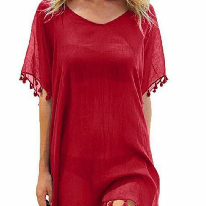 Chiffon Swimsuit Cover Up with Tassels, Perfect for the Summer Beach: bright pink, blue women's loose cover-up tunic/poncho