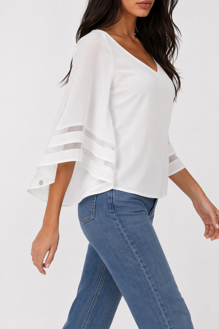 Chiffon Top with Batwing Sleeves and V-Neck for Women White