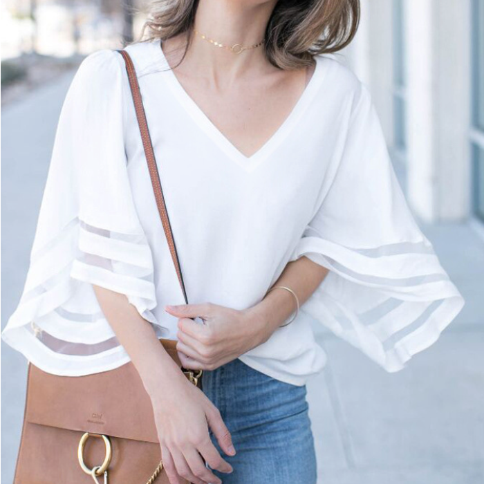 Chiffon Top with Batwing Sleeves and V-Neck for Women: white women's blouse, minimal style