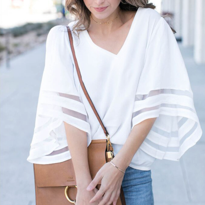 Chiffon Top with Batwing Sleeves and V-Neck for Women: white women's blouse, minimal style