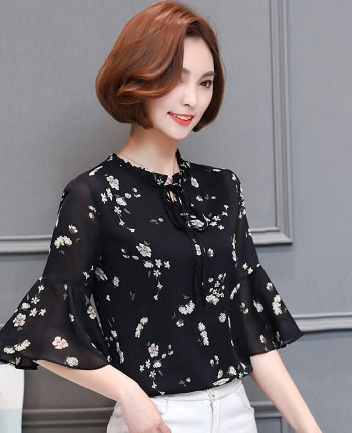 Chiffon Top with Bell Sleeves for the Summer Season: black, white blouse/top, feminine floral style