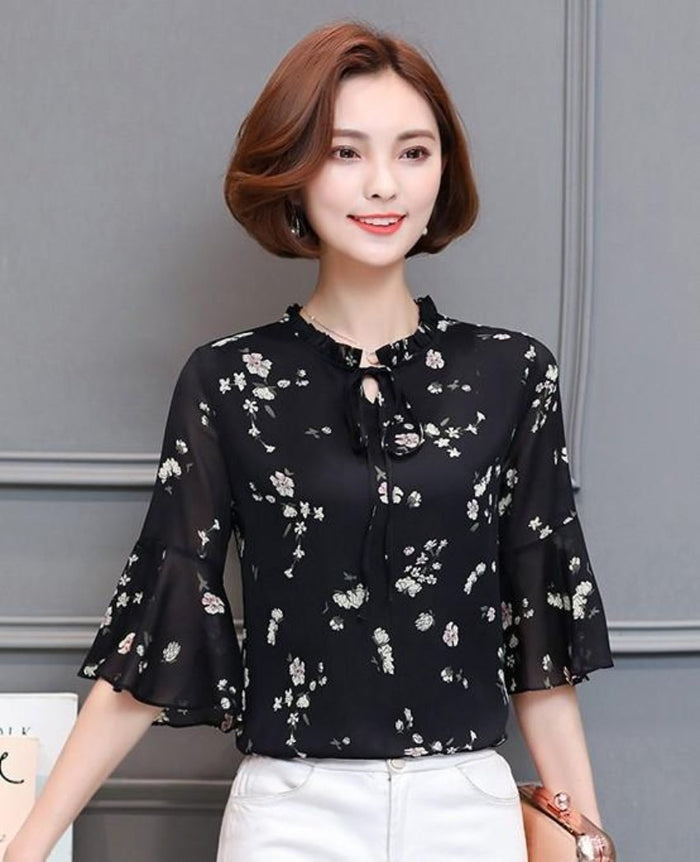 Chiffon Top with Bell Sleeves for the Summer Season: black, white blouse/top, feminine floral style