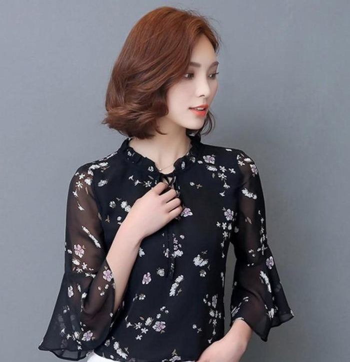 Chiffon Top with Bell Sleeves for the Summer Season: black, white blouse/top, feminine floral style